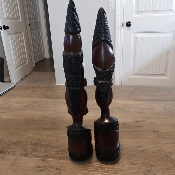 Vintage African Couple Carved Bust Wood Art Statues Handcrafted Tribal 10" - Picture 7 of 16